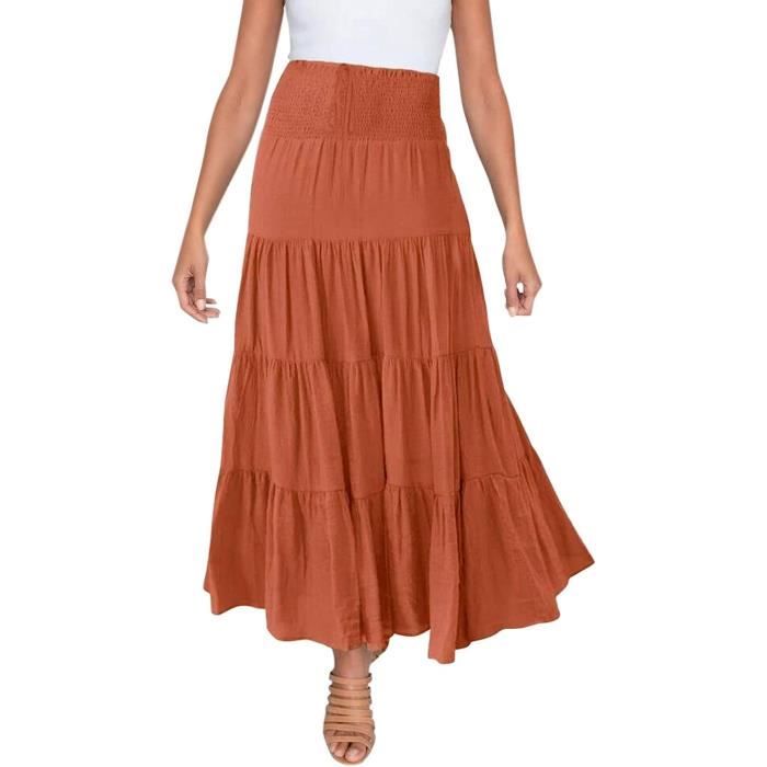 Jupe Longue En Lin Pour Femme - Taille Haute Élastique, Style Bohème, Pour Été Et Vacances