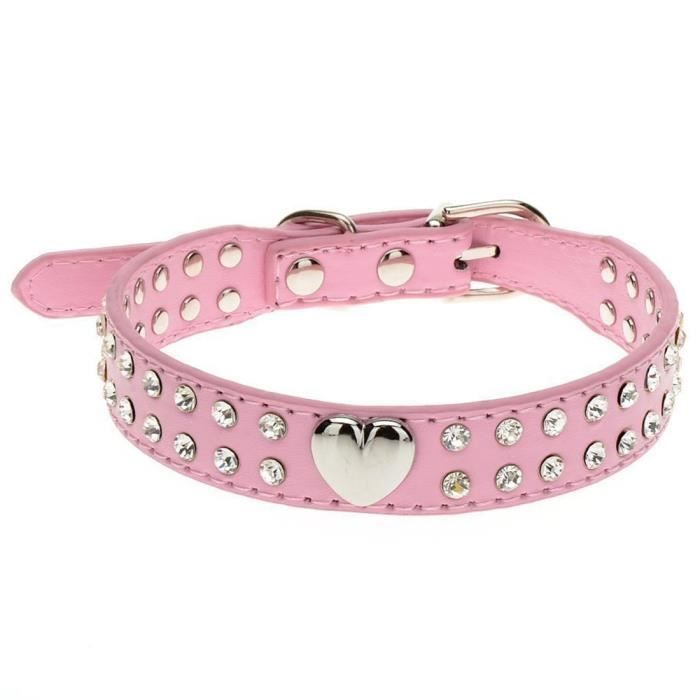 Collier en PU avec Coeur Strass pour Chiens et Chats (Rose, S 