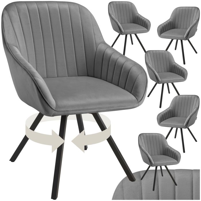 Chaise - TECTAKE - Lot de 6 fauteuils SNUG pivotants avec accoudoirs aspect velours rembourré 58 x 58 x 82 cm - Gris
