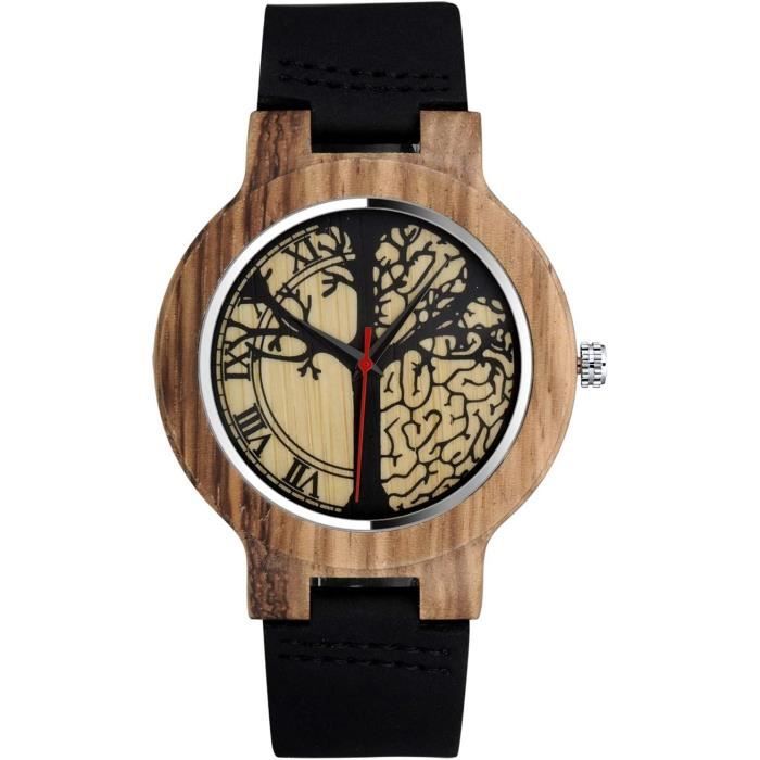 Montre En Bois De Bambou Homme Femme - Bracelet Cuir Arbre De Vie Quartz Naturelle
