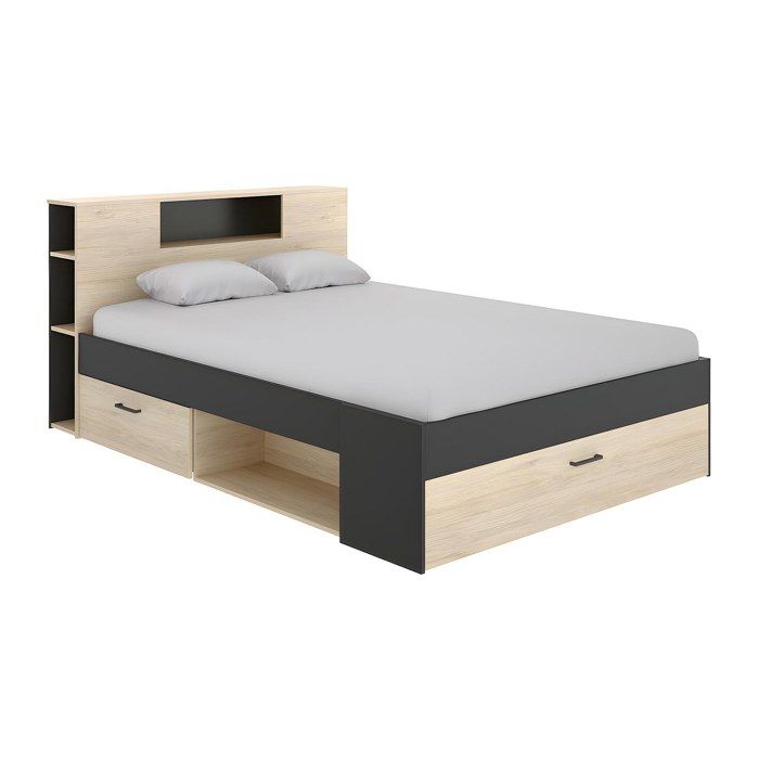 Lit avec tête de lit rangements et tiroirs - 140 x 190 cm - Coloris : Naturel et anthracite - LEANDRE