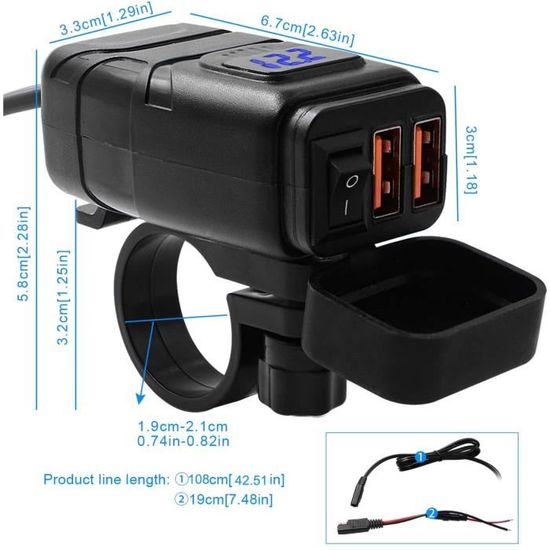 Prise USB Moto QC3.0 PD Type C Charge Rapide Étanche Avec Voltmètre LED Et Interrupteur - 12V
