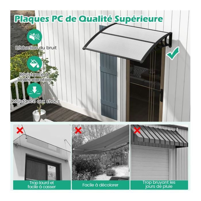 Auvent de Porte d'entrée l.122 x H.28 x P.99 cm Protection Solaire, Marquise de Porte et Fenêtre Extérieur Plaque en Polycarbonate, Contre Pluie Vent | Leroy Merlin