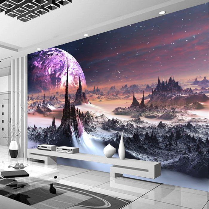 Papier Peint Panoramique 3D lune nuit ciel univers photo fond d'écran ...