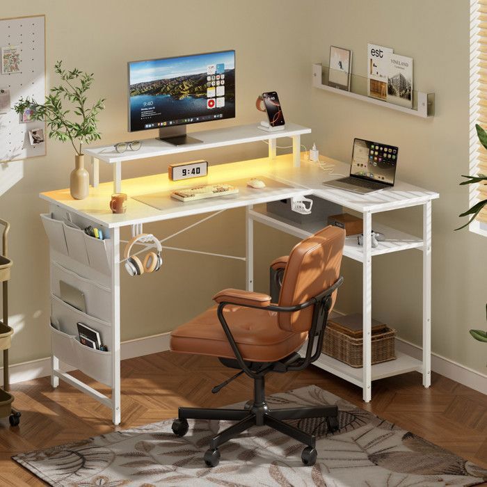 HLFURNIEU Bureau D'angle Avec Rangement, 150 X 100 Cm Bureau Gaming En L Avec LED