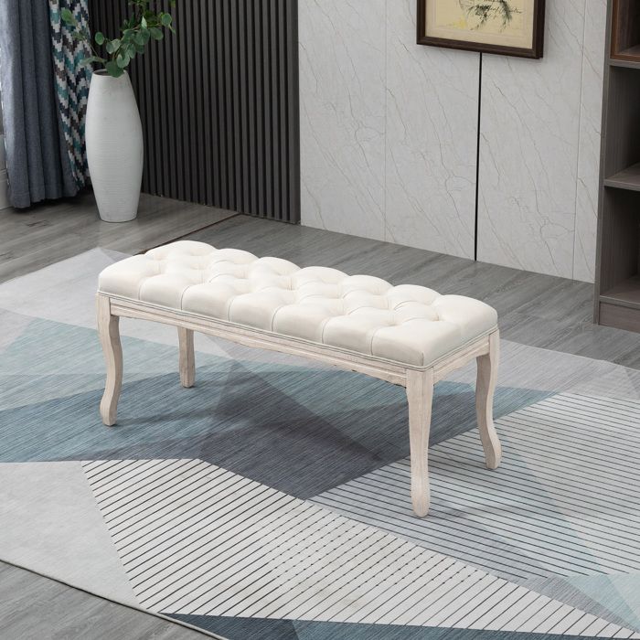 HOMCOM Banquette Capitonnée Bout De Lit Velours Beige - Piètement Métal Doré 118 Cm