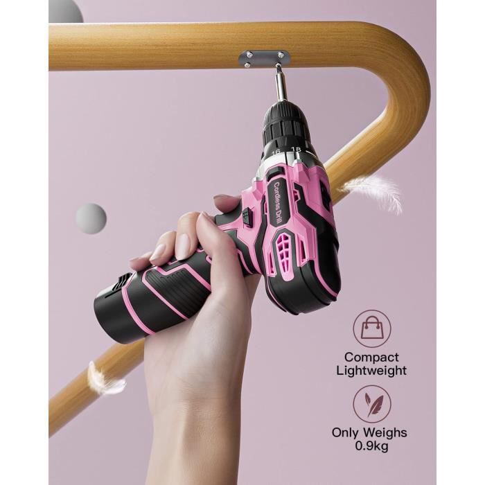 Perceuse Visseuse Sans Fil 12V Rose – Kit Avec Batterie Li-Po 2Ah, Sac Et Chargeur