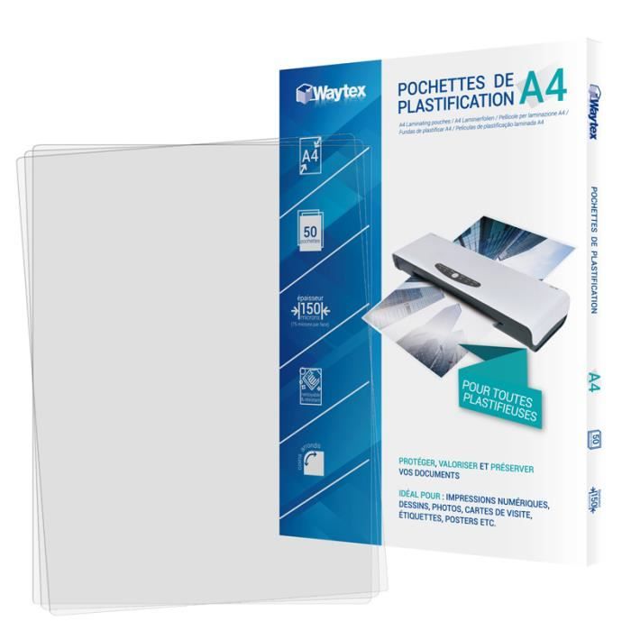 WAYTEX Pack 50 feuilles de plastification A4 75 microns finition brillante  transparente