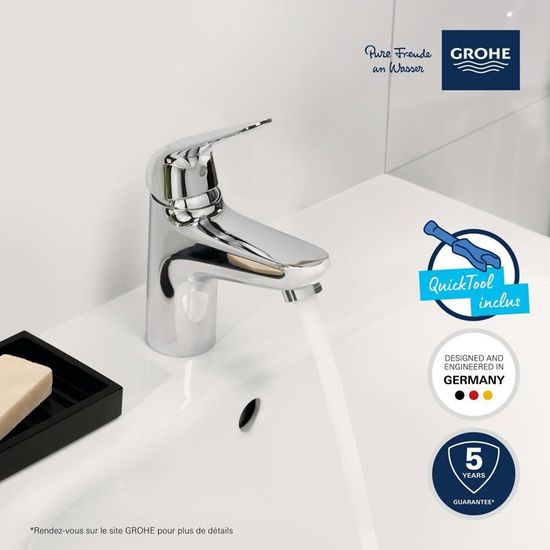 Mitigeur Lavabo GROHE Swift Économie D'Eau | Ouverture Eau Froide | Chromé | Installation Facile
