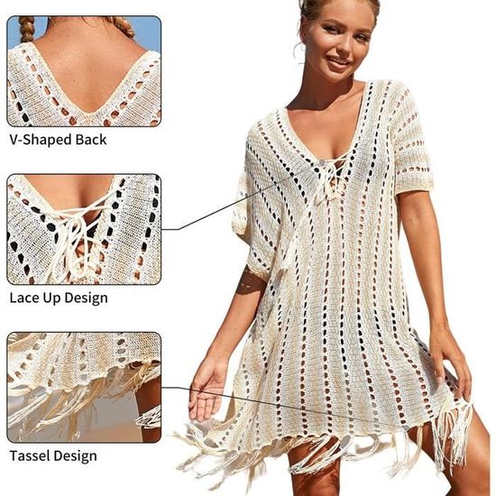 Robe De Plage Crochet Uni-Wert - Style Bohème - Dos Nu - Taille Unique - Coton - Parfait Pour Plage/piscine