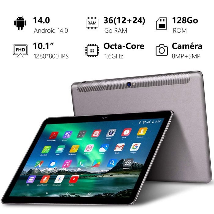 Tablette 10 Pouces Android 14 36Go RAM 128Go ROM + 2To TF - Octa-Core 2.0GHz, WiFi 6, Clavier Souris Stylet Inclus