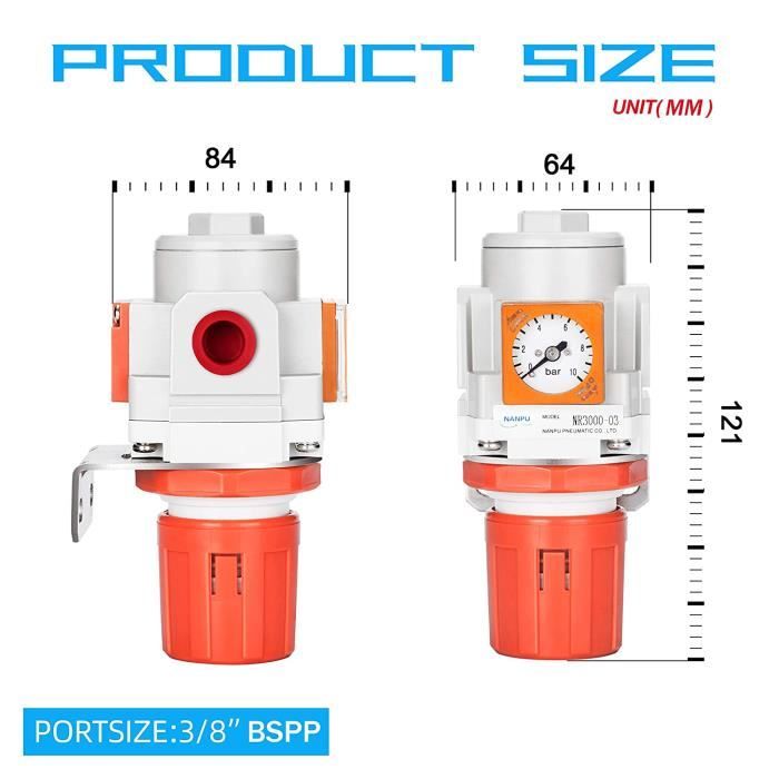 Régulateur D'Air Comprimé 3/8 BSPP Avec Manomètre 0-10 Bar - Pour Compresseur
