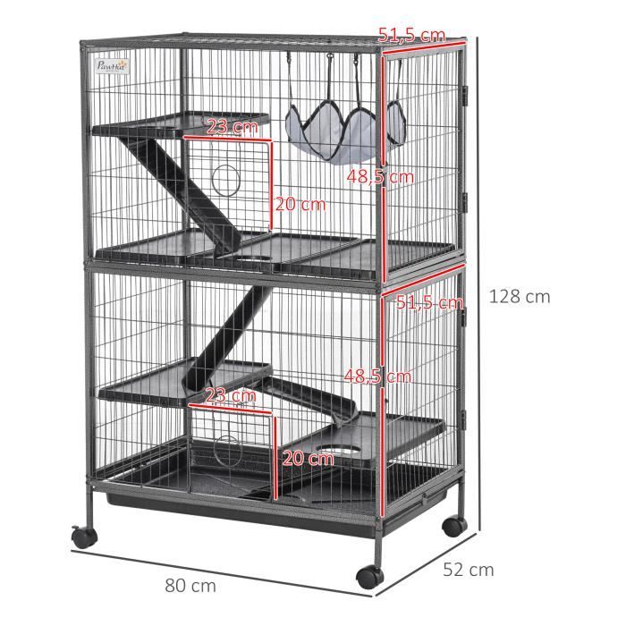 PAWHUT Cage petits rongeurs rats furets 3 niveaux avec abreuvoir, hamac, 2  rampes - dim. 80L x 48l x 78H cm - acier alliage alu. PP noir pas cher 