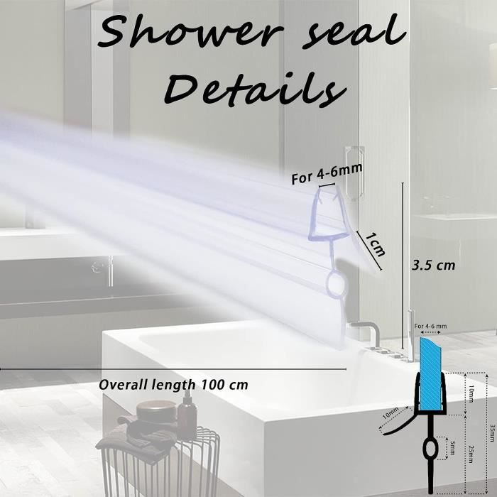 Joint d'étanchéité bas horizontal pour portes de douche, 100 cm, transparent  pour verre 5 mm