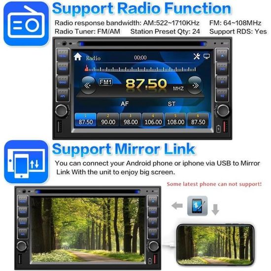 Autoradio avec Bluetooth, mains libres, AUX, USB, SD. Télécommande incluse