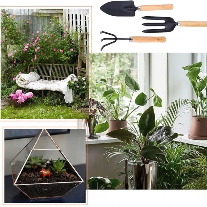 Lot 3 Mini Outils De Jardinage - Pelle, Râteau Et Bêche Avec Manche Bois Pour Plantes En Pot, Intérieur Et Extérieur