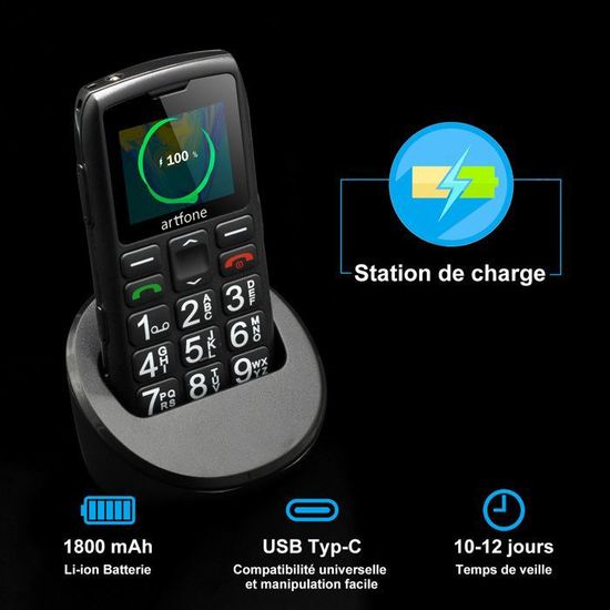 Téléphone Senior Artfone C1 - Grandes Touches, Bouton SOS, Lampe Torche - 2G GSM - Simple Et Fiable