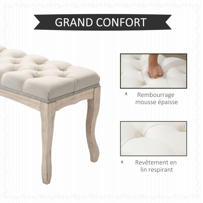 HOMCOM Banc 110 Cm Capitonnée Style Classique Crème - Banquette Bout De Lit Rembourrée Effet Lin Et Pieds Bois D'Hévéa