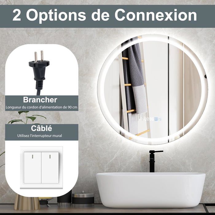 Miroir De Salle De Bain LED 120x60 Cm - 3 Couleurs De Lumière, Intensité Variable, Anti-buée, Design Asymétrique - 6
