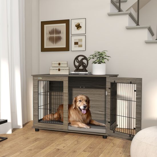 Cage pour chien en table d'appoint avec coussin en peluche