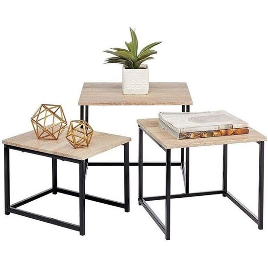 Laizere° Lot de 3 Table basses gigogne - Table d'Appoint Bout Canapé Chevet - Pied en métal noir - Style industriel (35-40-45 cm)