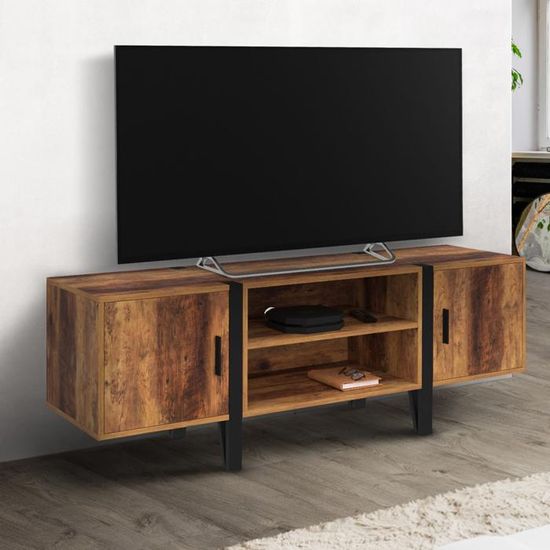 Buffet Industriel DAYTON 4 Portes 140 Cm - Style Bois Vieilli Et Noir - Rangement Modulable