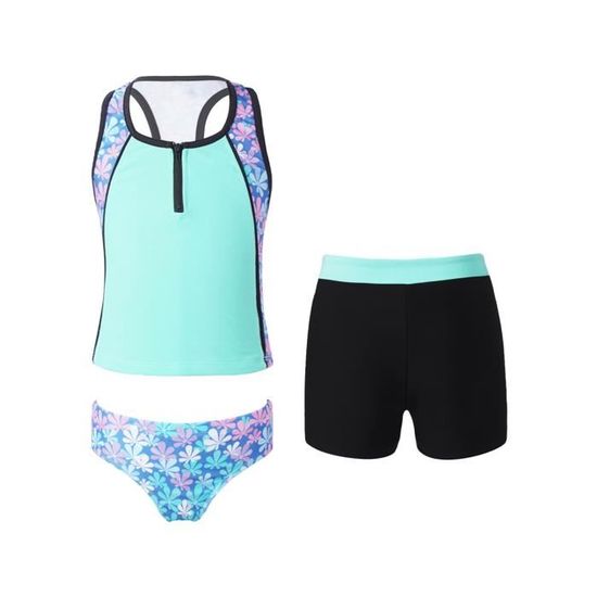 Robe De Natation Anti-UV Fille 1 Pièce Avec Jupe Et Short Intégré - Maillot De Bain Tankini Manches Courtes Taille 2 à 14 Ans