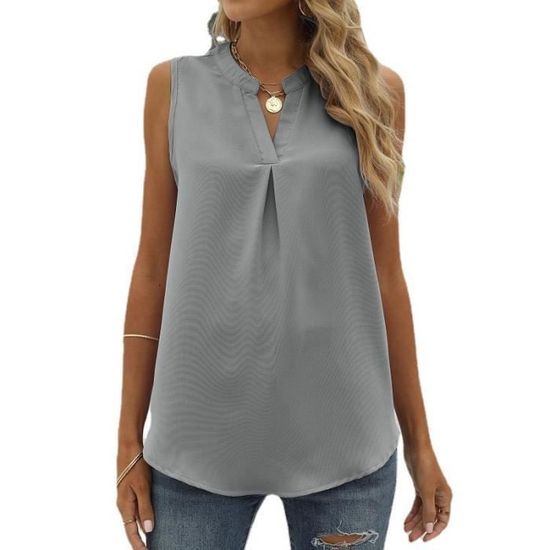 Débardeur Femme été Grandes Tailles - Col Rond, Mousseline, Sans Manches, Décontracté, Couleur Unie