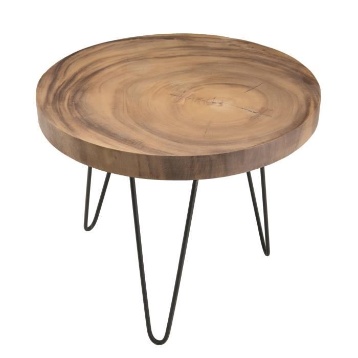 Table d'appoint ronde ethnique en bois mungur massif naturel - Pieds épingles scandi en métal - Ø55 cm
