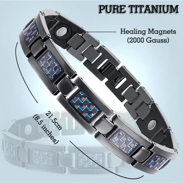 bracelet homme en titane incrustation carbone aimant de 2000g magnetique