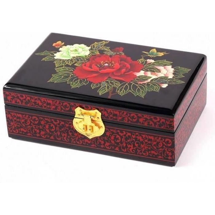 BOITE à BIJOUX LAQUE - Les 3 PIVOINES - Bois laqué et Miroir