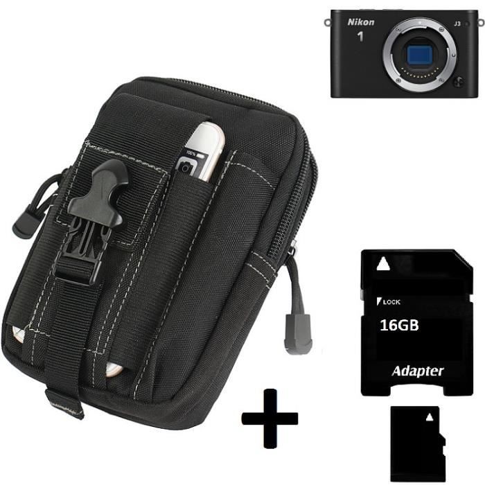 Grand Pochette ceinture - étui pour Nikon Nikon 1 J3, noir - sac camera digital Housse de protection sac + 16GB Carte mémoi 165747