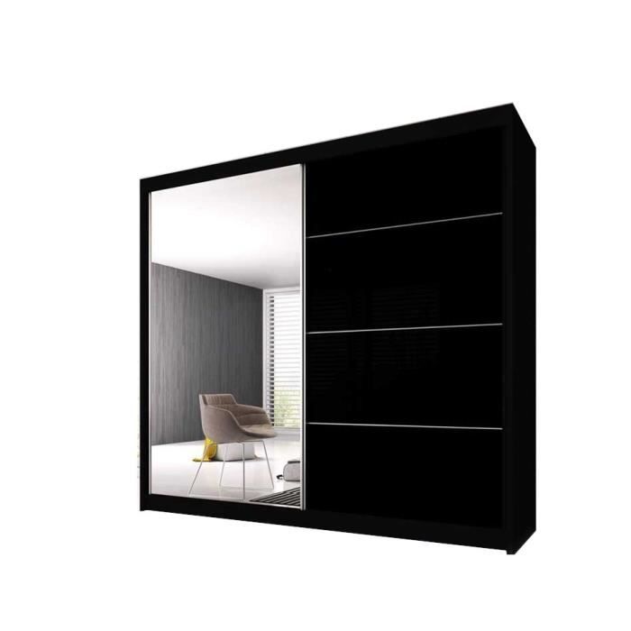 Armoire de Chambre avec 2 Portes coulissantes - Penderie (Tringle) avec étagères (LxHxP): 183x2180x61 Ben 31 (Noir/Noir+ Miroir)