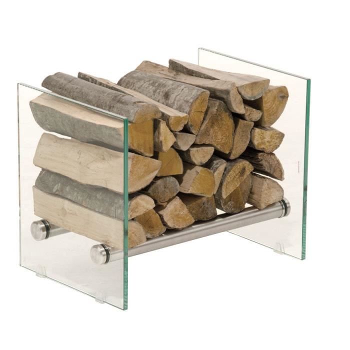 CLP Porte bûches cheminée exclusif GAVIN en acier inoxydable, Étagère de cheminée, verre de sécurité massif 40 cm Verre clair