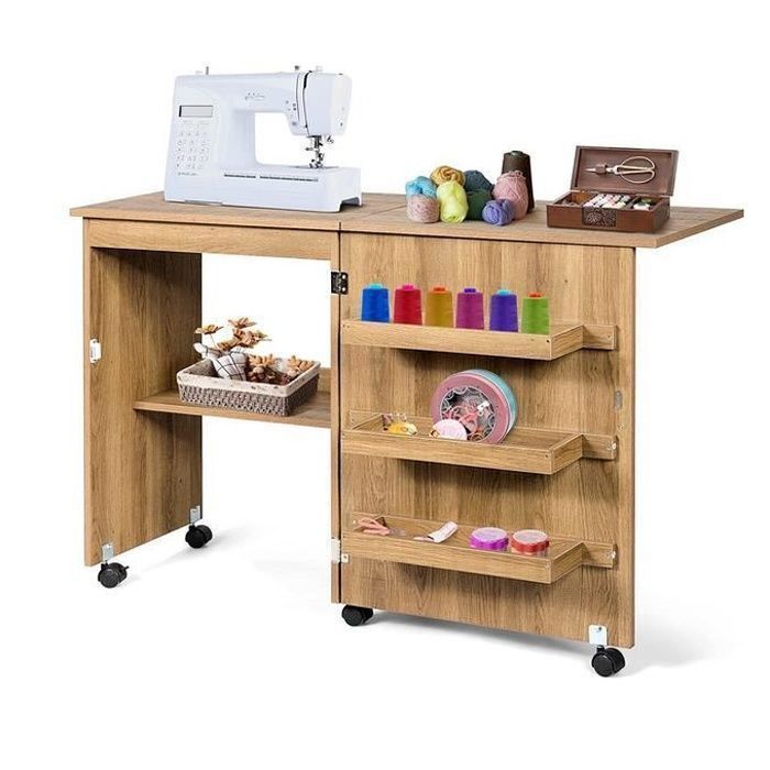 GIANTEX Table de Couture Pliante pour Machine à Coudre avec Roulettes,4 Étagères de Rangement,Bureau avec Roulettes,Naturel