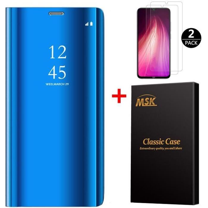 Coque Xiaomi Redmi Note 8 + [2 Pack] Verre trempé, Miroir Case Avec Stand Flip Protection Pour Xiaomi Redmi Note 8 - Bleu