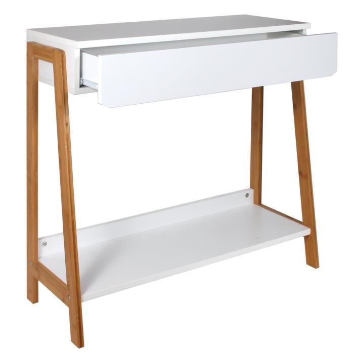 Console avec tiroir en MDF coloris blanc-beige - Dim : 83.8 x 34 x 77 cm