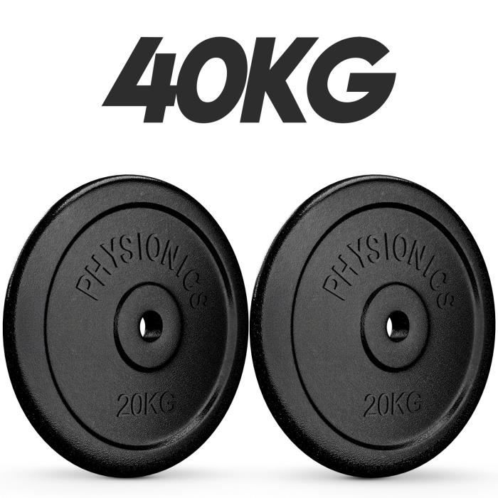 Physionics® Set de Disques de Poids - 2x20 kg, en Fonte, Ø30mm, pour Barre Longue/Courte - Ensemble de Plaques de Poids, Musculation