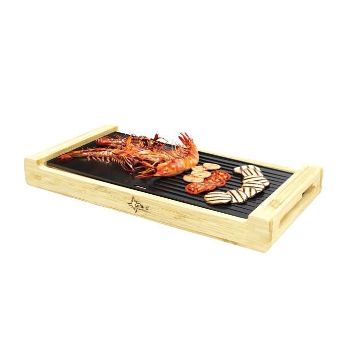 SUNTEC Barbecue de table TGR-7017 Bamboo pour l'intérieur et l'extérieur, poignées Cool-Touch, surface anti-adhésive, thermostat