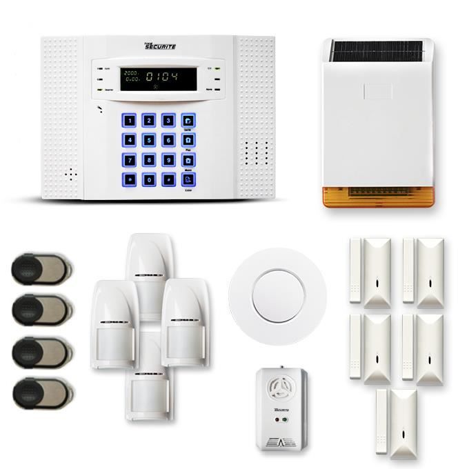 Alarme maison sans fil DNB 4 à 5 pièces mouvement + intrusion + détecteur de fumée + gaz + sirène extérieure solaire - Compatible Bo