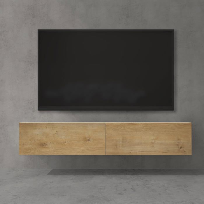 Sogood Meuble TV Bas 160 cm Armoire TV Blanc Mat + Marron Clair Table de Télévision Salon avec 2 Portes Meuble TV Suspendu MBTV02