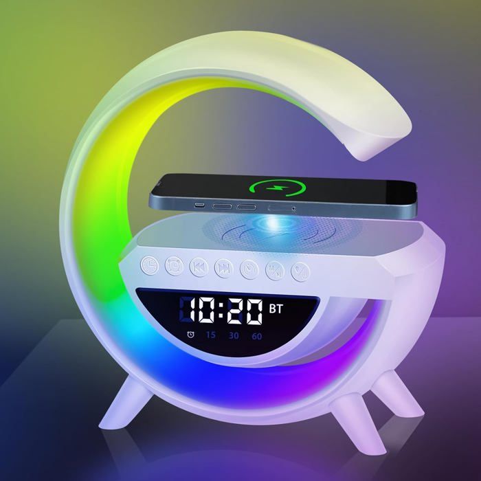 Lampe Réveil Intelligente Smiling Shark - Bluetooth, Charge Sans Fil, 10 Modes Lumineux