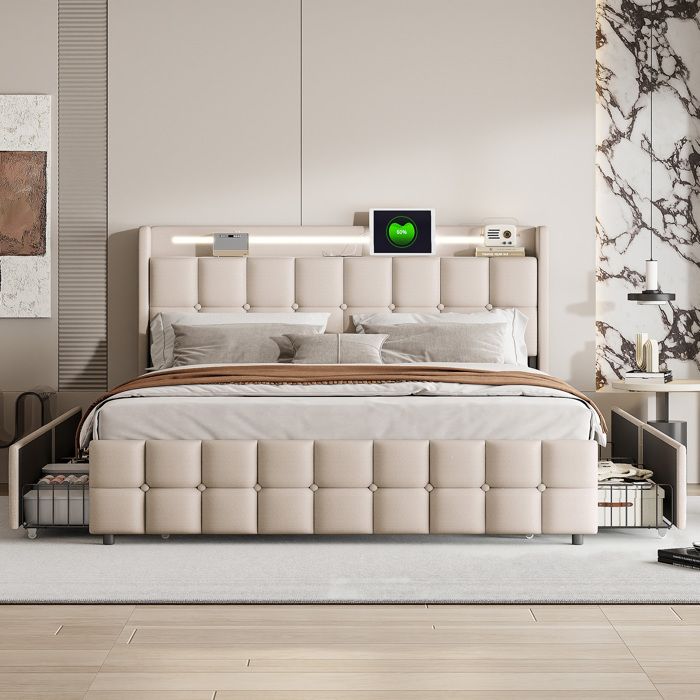 Lit capitonné 180x200cm lit adulte double avec sommier à lattes LED et USB Lit Coffre avec 4 tiroirs lin beige