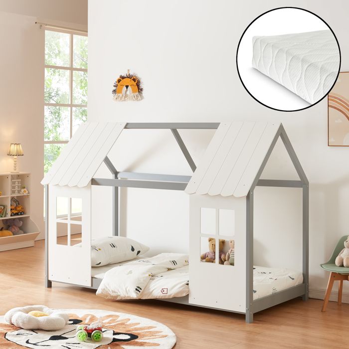 Lit cabane Tostedt pour enfant 90 x 200 cm avec matelas sommier à lattes bois de pin gris blanc [en.casa]