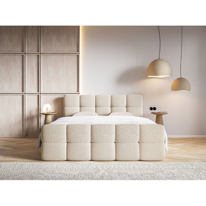 Lit continental - SELSEY - CLOUDY - 180x200 cm - bouclette beige clair - matelas Bonell + topper 5 cm Lit continental - SELSEY - CLOUDY - 180x200 cm - bouclette beige clair - matelas Bonell + topper 5 cm