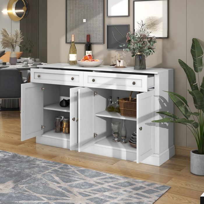 Buffet moderne 150 x 40 x 86 cm avec 4 portes et 2 tiroirs - blanc - adapté aux salles à manger et aux salons