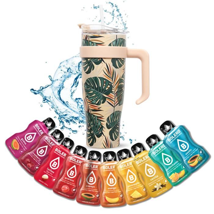 Mug Tropical Beige Isotherme avec Paille et Poignée Gourde XXL en Inox + 10 sticks Boisson BOLERO aux Saveurs Exotiques Sans