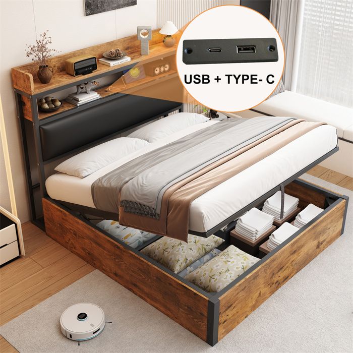 Lit 2 Personnes avec Ports USB Lit Coffre 140x200 avec Sommier et RangementTête de Lit CapitonnéeLits pour Adulte AdoBois+Noir