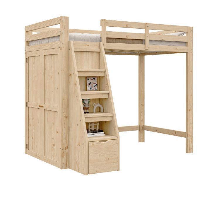 Lit enfant 90x200 cm Lit mezzanine 1 place 1 personne Avec chelle de rangement armoire cadre en bois massif bois