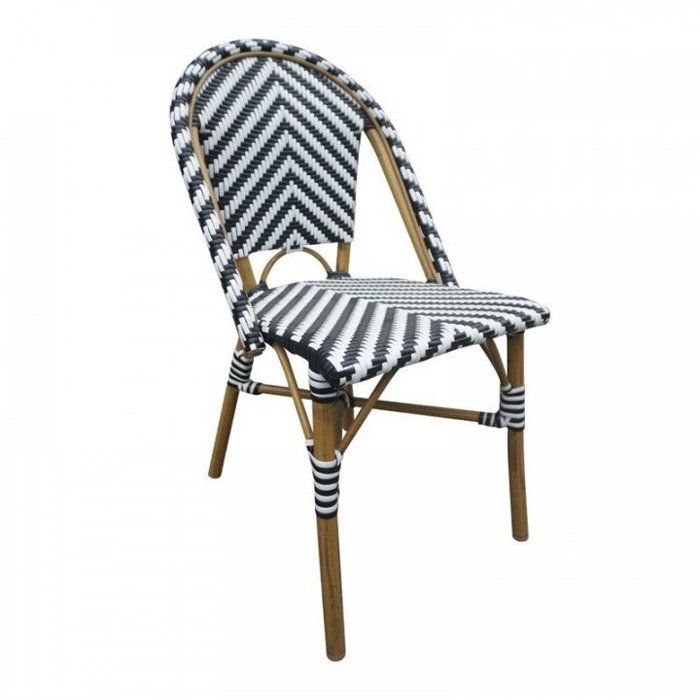 Lot de 2 chaises empilables style parisien en rotin et aluminium noires et blanches Lot de 2 chaises empilables style parisien en rotin et aluminium noires et blanches